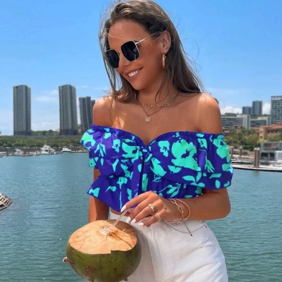 NEW SHEIN VCAY Floral Print Off Shoulder Ruffle Trim Crop Blouse XL (12) - Picture 6 of 6